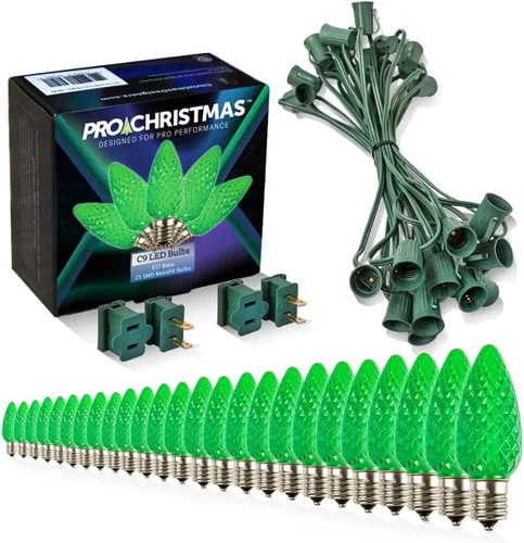 Vista 27 de Pro Christmas - Kit de luces C9 para exteriores, blanco cálido, cable verde, 50 bombillas, 50 pies