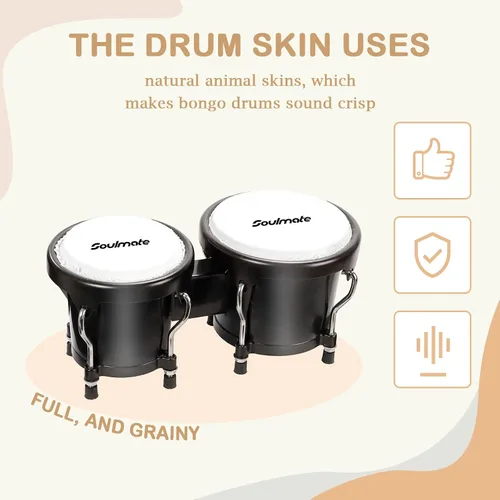 Vista 2 de Juego de Bongós Soulmate para Niños, Principiantes y Adultos de 4" y 5" - Bongós de Percusión Transparentes con Llave de Afinación, Acabado Natural