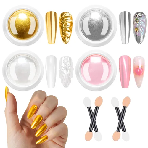 Vista 9 de Kit de polvo de uñas cromado y gel de uñas 3D BISHENGYF: 0.53 oz No Wipe 3D Sculpting Gel Aurora White Pearl Silver Gold Chrome Nail Powder