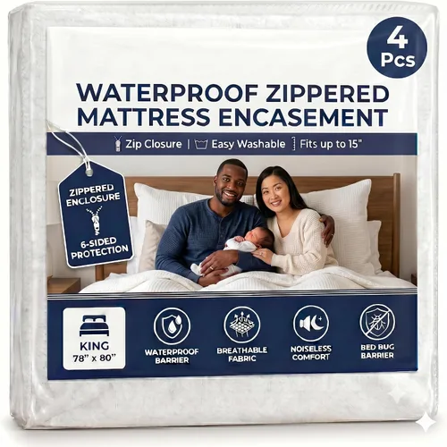 Vista 13 de EcoLaire - Protector de colchón tamaño Queen, impermeable, a prueba de ácaros, 6 lados con 3 cremalleras laterales, 60 x 80 x 13 pulgadas