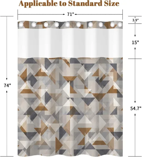 Vista 2 de No Hook Geometric Shower Curtain with Snap in Liner - 71″W x 74″L Waterproof Fabric with Mesh Top Window, Modern Abstract Triangle Design Bath