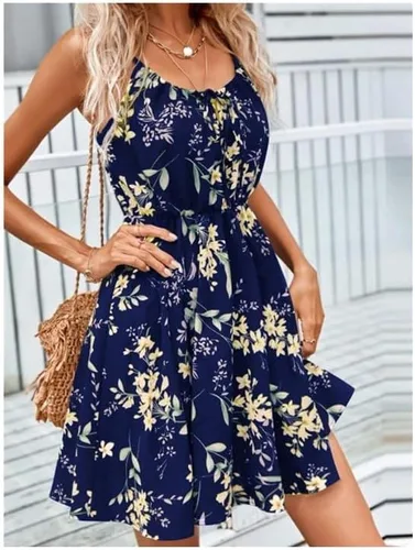 Vista 4 de Floral Cuello Redondo Sin Mangas Impresión Poliéster Sobre La Rodilla Vestido De Princesa