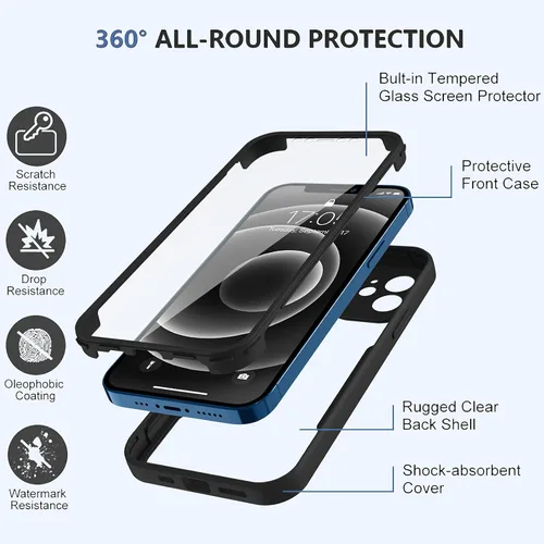 Vista 2 de Carcasa compatible con iPhone 12, diseño transparente, color negro Protector de pantalla integrado a prueba de golpes antiarañazos resistente