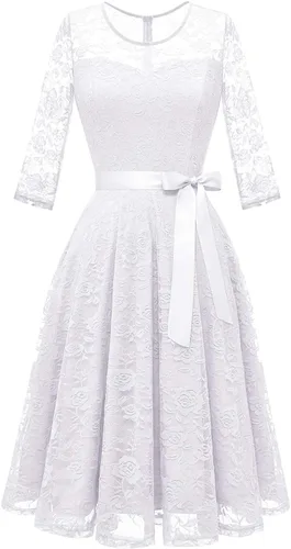 Vista 16 de Dressystar Vestido de encaje floral para mujer, corto, para dama de honor, con cuello transparente B- Borgoña