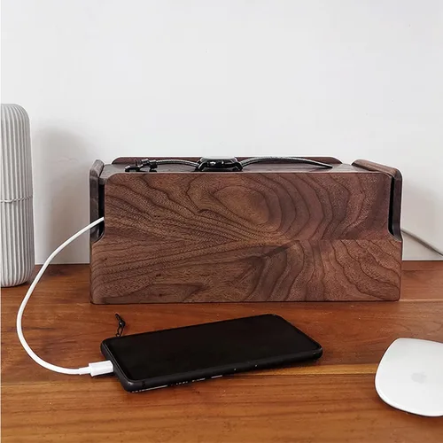 Vista 6 de Black Walnut Cable Management Box - Large Organizer for Power Strips & Cords - Wooden Design - 12.2 x 5.9 x 5.1 inches - Durable & Stylish Storage