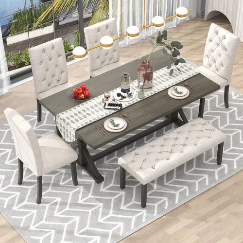 Vista 9 de Merax Juego de 6 piezas de comedor de 60 pulgadas para el hogar, cocina, comedor, juego de mesa rectangular con 4 sillas tapizadas y un banco, juego