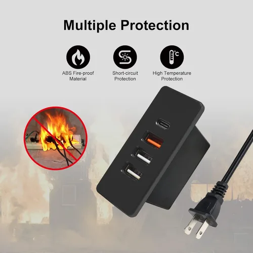 Vista 5 de Enchufe USB C con enchufe empotrado USB C Power Strip Outlet con carga rápida 4 puertos USB 20W montado en la cama escritorio mesa sofá (negro)