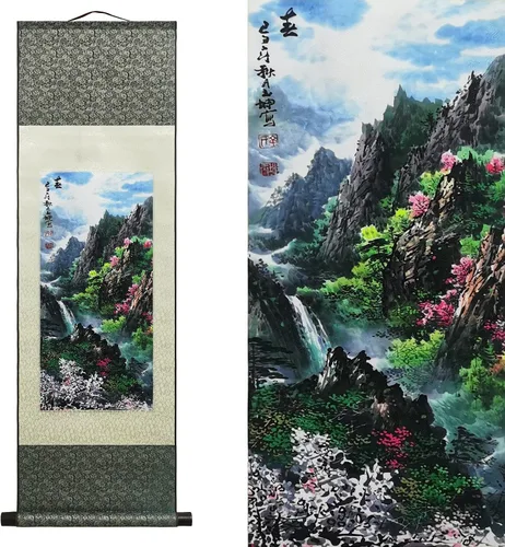 Vista 43 de AtfArt Decoración asiática de pared, hermosa pintura de pergamino de seda del paisaje del río de la cascada - Montaña, primavera, otoño