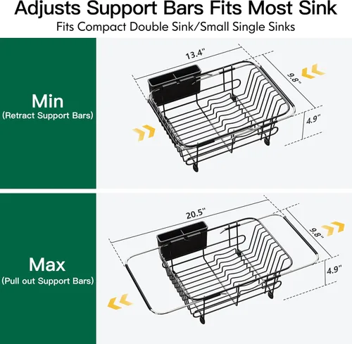 Vista 4 de Apartment RV Small Dish Drainer Drying Rack Over The Sink In Stainless Steel for Narrow Kitchen, Counter Space Saving Compact Expandable Metal Plate