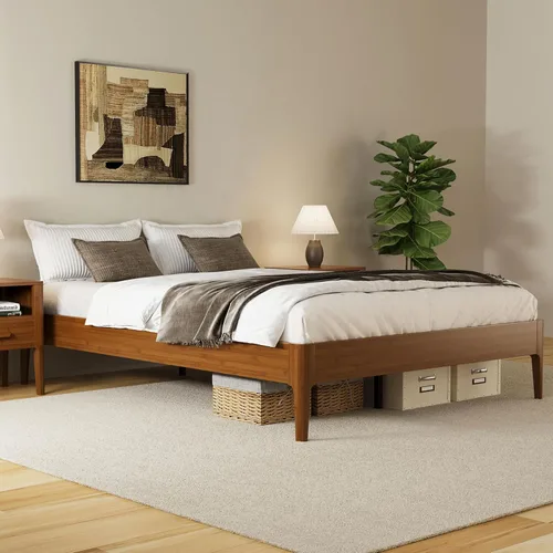 Vista 12 de JIVOIT Base de cama de plataforma de tamaño matrimonial con cabecero, cama de plataforma de madera estilo retro con patas de madera maciza Negro