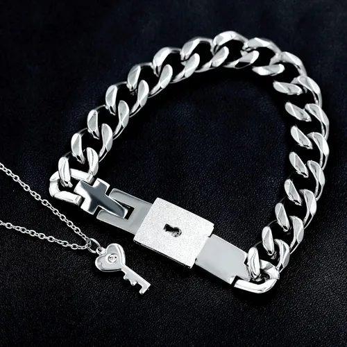 Vista 3 de Uloveido Juego de collar con colgante de llave de acero de titanio y pulsera cuadrada para parejas, regalos de valetines, Metal, circonita cúbica