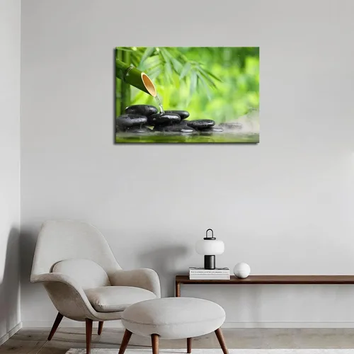 Vista 5 de Naturaleza muerta de spa verde con fuente de bambú y piedra zen en agua pintura de pared la imagen impresión en lienzo imágenes botánicas