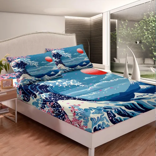 Vista 4 de Castle Fairy Ukiyoe Ocean - Juego de sábanas tamaño individual, juego de sábanas de flor de cerezo de estilo japonés para niños y adolescentes