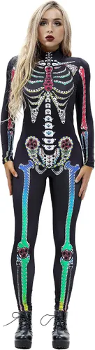 Vista 4 de Esqueleto de Halloween, traje de cuerpo entero ajustado al cuerpo, para mujer