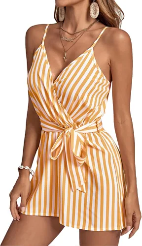 Vista 4 de LYANER Enterizo corto a rayas con cuello en V y tirantes delgados para mujer