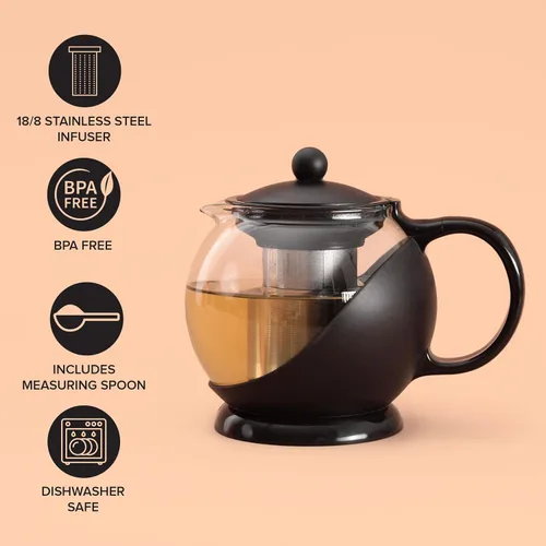 Vista 2 de Farberware Tetera de vidrio, infusor de té de hojas sueltas, tetera de acero inoxidable 18/8, sin BPA, capacidad de 5 tazas