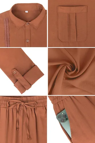 Vista 6 de HANXMEN Conjunto de lino de 2 piezas para hombre, camisa cubana con botones y manga larga, pantalones sueltos casuales, playa, vacaciones, yoga