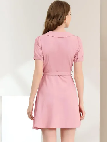 Vista 5 de Allegra K Vestido de mujer con cuello en V y manga corta abombada, cuello vuelto, Rosado