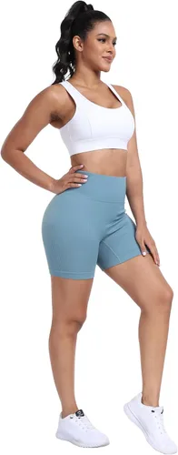 Vista 3 de Pantalones cortos de entrenamiento para mujer, pantalones cortos acanalados sin costuras, pantalones cortos de elastano de gimnasio de cintura alta