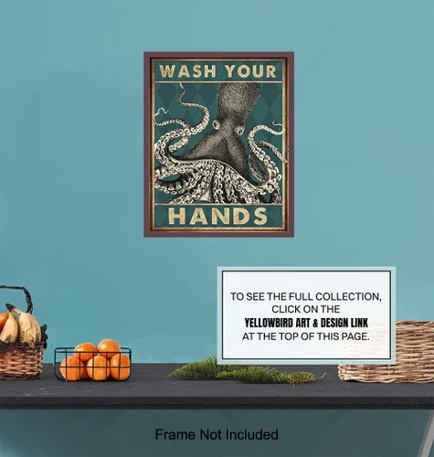 Vista 7 de Arte y decoración náutica de pulpo para pared de baño, divertida decoración de baño de playa, obra de arte de pared de baño, bonito póster