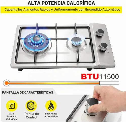 Vista 3 de Cocina de gas de 12 pulgadas, estufa de gas integrada de 2 quemadores de acero inoxidable con kit de conversión de NG/LPG, protección de termopar