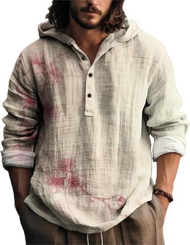Vista 10 de MARSVOVO Camisa con capucha para hombre, vintage, retro, de 3 botones, manga larga, ligera, ligera, a la moda, casual, para uso diario, primavera