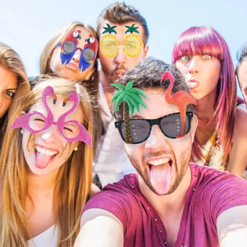 Vista 6 de POPLAY 4 pares de gafas de sol Luau para fiesta, divertidas gafas de sol tropicales hawaianas, flamenco, coco, piña, guacamayo, playa, accesorios
