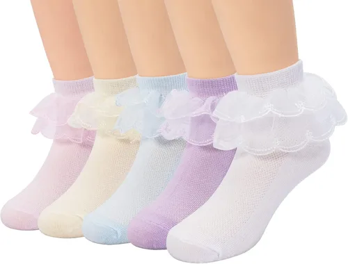 Vista 10 de Paquete de 4/5/6 calcetines de algodón con volantes de princesa blanca para niñas pequeñas y grandes