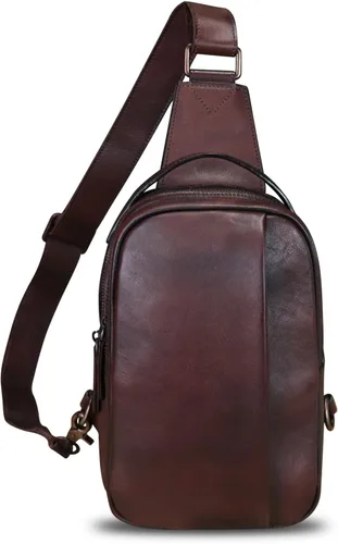 Vista 2 de LRTO Bolso de cuero genuino para hombres y mujeres, mochila bandolera de cuero real para el pecho, bolso cruzado, Café, Mochilas Sling