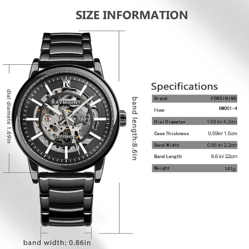 Vista 4 de FORSINING Men's Automatic Watch with Mechanical Movement, Skeleton Dial and Stainless Steel Band