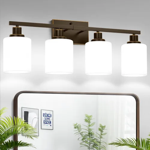 Vista 21 de MOKATNG Juego de 2 apliques de pared para baño, luces de tocador modernas negras con pantalla de vidrio blanco, lámpara de pared de baño