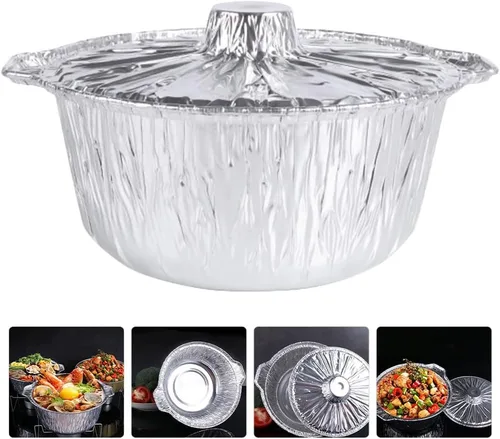 Vista 3 de ABOOFAN Sartén redonda de aluminio con tapas Ollas de papel de aluminio de 13 pulgadas Contenedor de alimentos desechable para microondas Contenedor