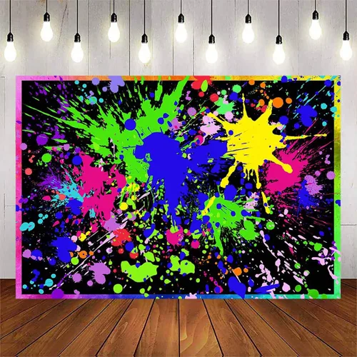 Vista 2 de Avezano Telón de fondo de fiesta de neón brillante que brilla en la oscuridad, graffiti colorido, pintura de salpicaduras, telón de fondo de limo