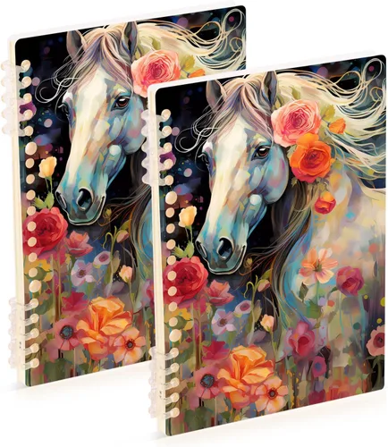 Vista 10 de senya Cuaderno de espiral a rayas, 2 unidades, diario de caballo entre flores, para estudio y notas, 60 páginas con tapa dura duradera
