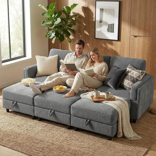 Vista 26 de KKL Sofá cama modular modular con otomana de almacenamiento, sofá cama convertible en forma de L/U para sala de estar, diseño reversible moderno