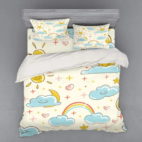 Vista 7 de Lunarable Juego de ropa de cama de dibujos animados, estampado de sol, nube, arco iris, luna, lluvia, clima, juego de funda de edredón de 3 piezas