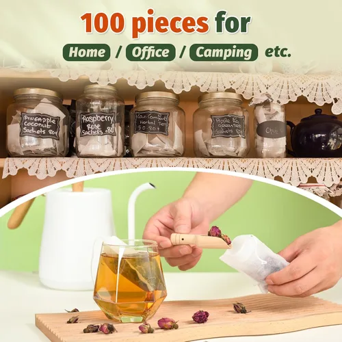 Vista 7 de 100 bolsas de té desechables para té de hojas sueltas, bolsas de filtro de té vacías con cordón de algodón, bolsitas infusoras de té rellenables
