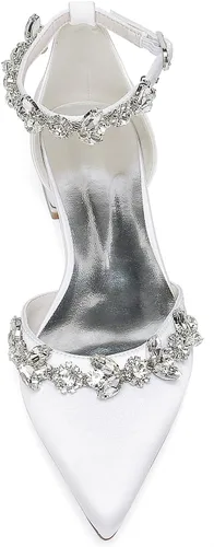 Vista 5 de Zapatos planos de satén puntiagudo para mujer, cómodos diamantes de imitación, correas de tobillo, zapatos de tacón para novia, zapatos de fiesta