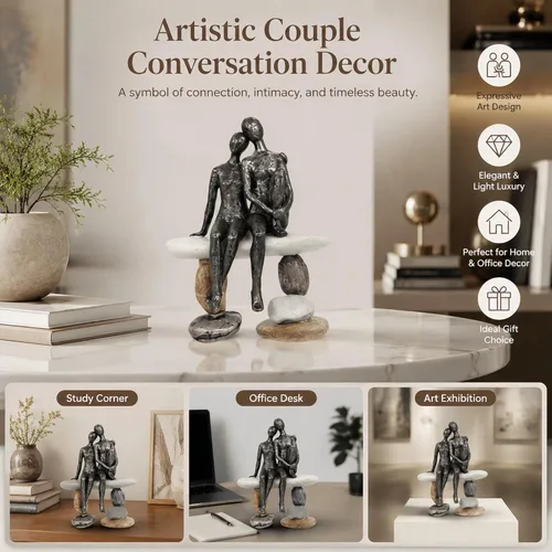 Vista 4 de Lescafita Figurillas Románticas de Pareja Escultura – Escultura Abstracta de Pareja en Banco de Piedra, Estatua de Decoración Moderna para el Hogar