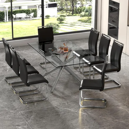 Vista 35 de Juego de 6 mesas de comedor de cristal, moderno juego de mesa de comedor de vidrio templado rectangular transparente de 71 pulgadas y 6 sillas