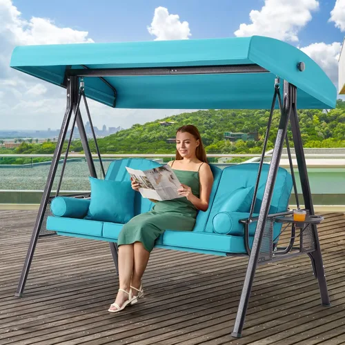 Vista 17 de Columpio de porche para exteriores 3 en 1 con toldo ajustable, columpio de 3 asientos para adultos, columpio de patio con cojines gruesos, almohadas
