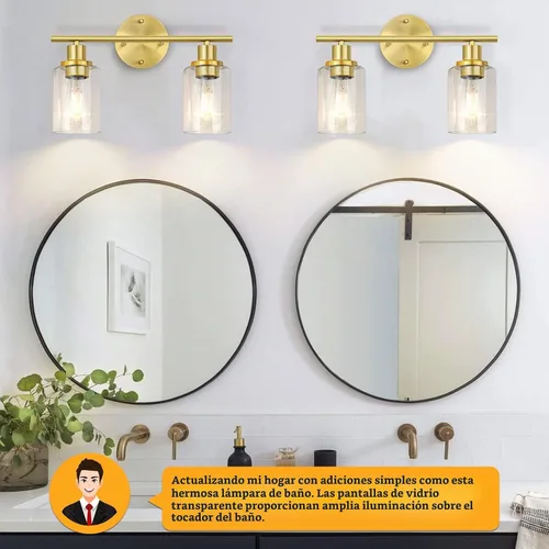 Vista 5 de FOLKSMATE Lámparas de baño, lámpara de tocador de latón cepillado de 2 luces, apliques de pared dorados, iluminación moderna de pared de baño