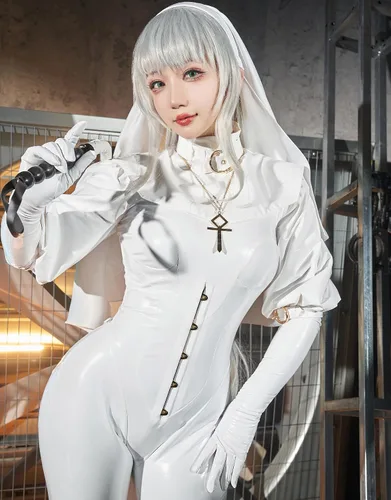 Vista 2 de miccostumes x Chowbie Sisters - Disfraz de monja para mujer, overol blanco con cuello y diadema y collar