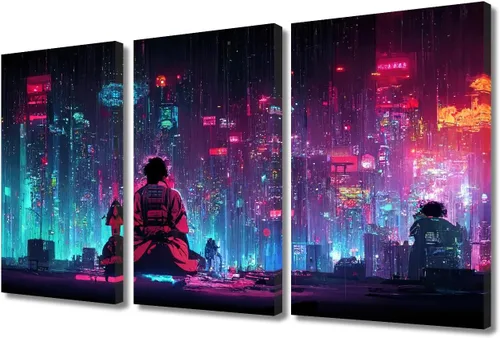 Vista 79 de Arte de pared de 3 piezas de escena de ciencia ficción de la calle comercial futurista paisaje urbano, decoración de pared para dormitorio