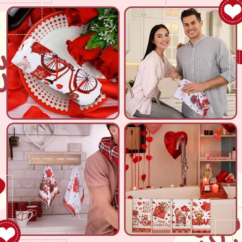 Vista 5 de Patelai 6 toallas de cocina para el día de San Valentín, corazones rojos, a cuadros, camión, té, baño, vacaciones, platos, 21.3 x 14.3 pulgadas
