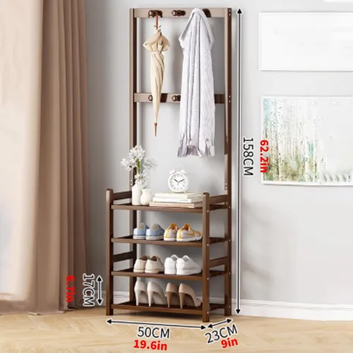 Vista 2 de Bamboo Clothes Rack, Clothing Rack with Bottom Shelves and Hook, Freestanding Garment Racks, Open Coat Racks for Hallway Brown