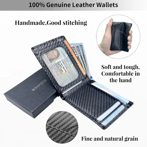 Vista 2 de Cartera delgada para hombres, carteras de cuero 100% genuino para hombres, cartera RFID para hombres con ranura para identificación, ranura
