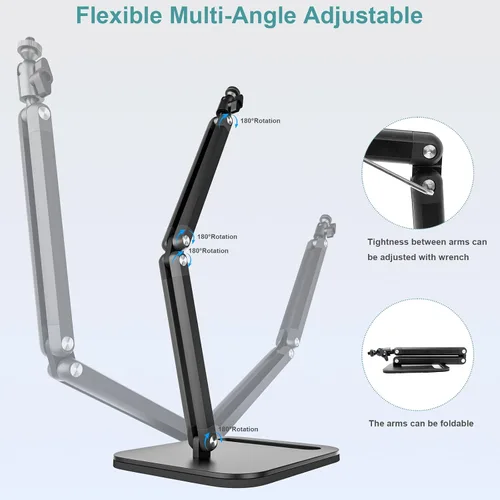 Vista 4 de Soporte de micrófono de escritorio, soporte de micrófono de escritorio ajustable de alta resistencia, adaptadores de tornillo de 1/4 y 5/8 pulgadas