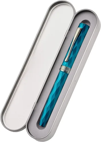 Vista 3 de HONG DIAN N11 Pluma estilográfica, punta extrafina suave recubierta de titanio en color negro, diseño geométrico azul pavo real y rombo con estuche