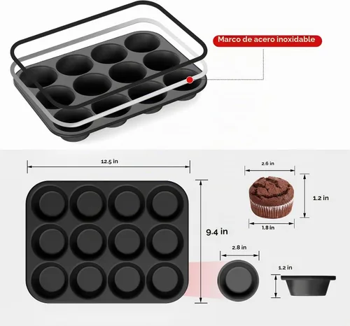 Vista 2 de Molde de silicona para muffins para hornear: Molde para muffins de 12 cavidades con marco reforzado de metal, moldes de tamaño regular para cupcakes